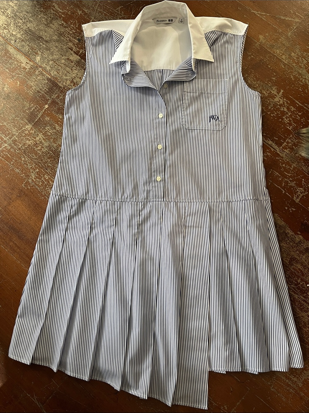 JW ANDERSON White and Navy Pinstripe Sleeveless Pleated Shirt Dress